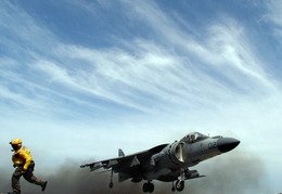 Marine Corps AV-8B Harrier II- performs a vertical takeoff
